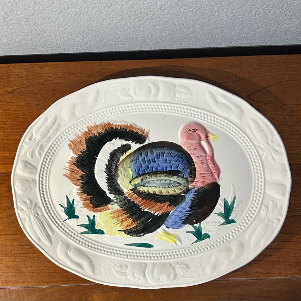 Vintage Japan Oval Ceramic Thanksgiving Turkey Serving Platter from 1980s Large